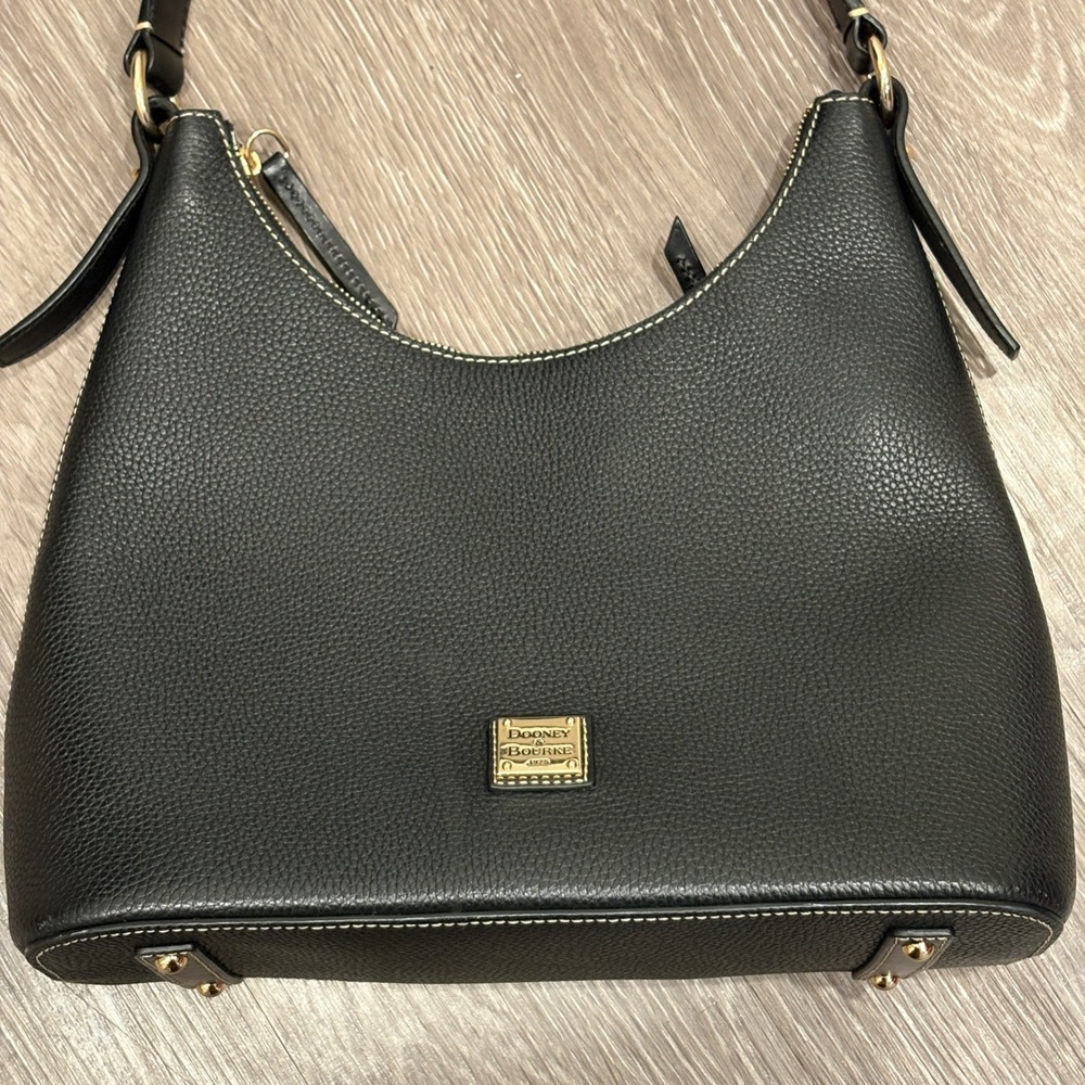 Dooney & Bourke Black Textured Pebble Grain Leather Hobo Shoulder Bag Gold Metal - Picture 3 of 8